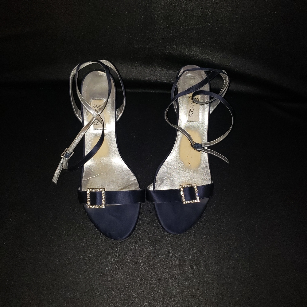 Navy Satin 3 inch heel with Silver Rhinestone buckle